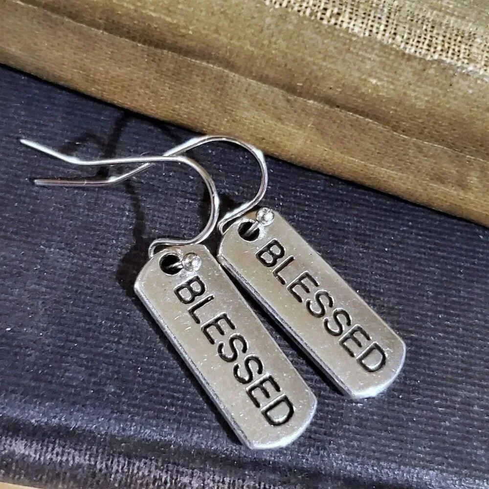 Handcrafted Blessed Inspirational Word Message Carved Silver Black Earrings